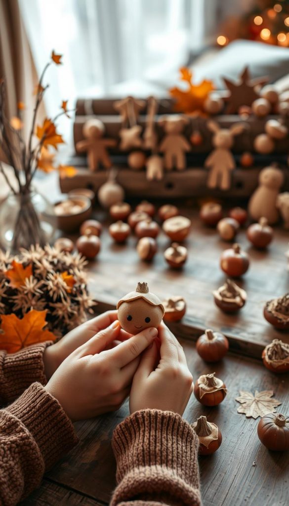 A cozy autumn scene showcases an array of chestnut crafts, their warm hues and natural textures radiating a wholesome, homespun charm. In the foreground, a child's hands carefully assemble a whimsical chestnut figure, its rounded features and delicate details evoking a sense of childlike wonder. The midground features an assortment of handmade chestnut creations - ornaments, garlands, and small sculptures - arranged artfully on a rustic wooden surface, their organic shapes and muted tones complementing the autumnal atmosphere. The background hints at a cozy, inviting interior, with soft lighting casting a gentle glow and a sense of comfortable, lived-in coziness pervading the scene. The overall mood is one of simple pleasures, creative expression, and the joy of connecting with nature through the process of crafting.