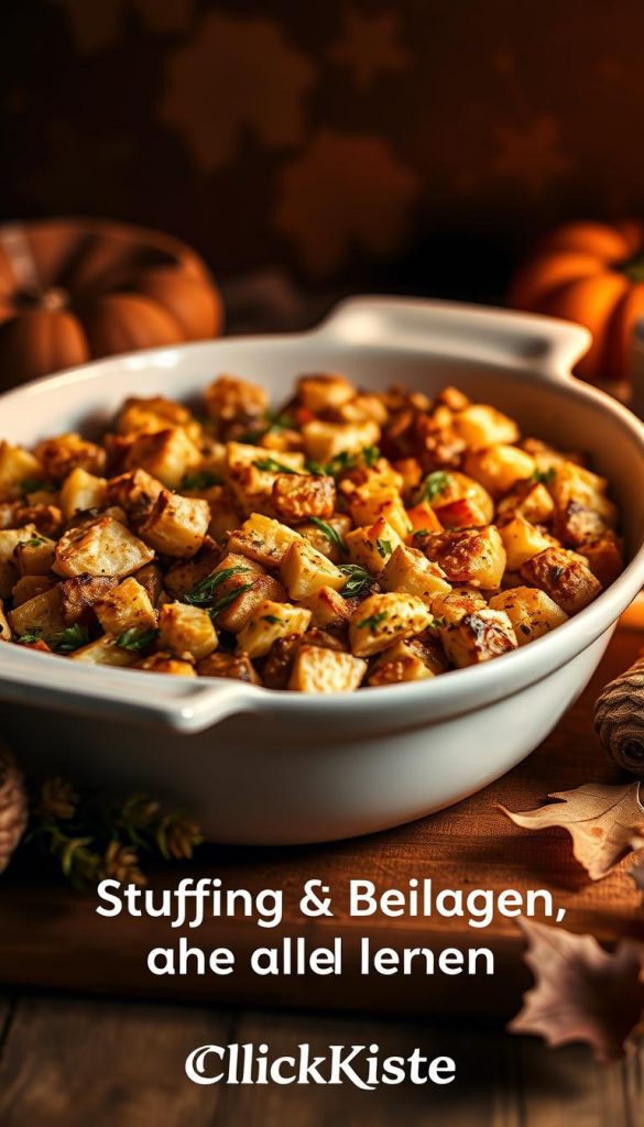 A cozy autumn scene showcasing a homemade stuffing dish, fresh from the oven. The warm, earthy tones of the roasted vegetables and herbs create a comforting, natural ambiance. Soft, diffused lighting illuminates the dish, highlighting its rustic textures and inviting aromas. In the background, a wooden surface with the &quot;KlickKiste&quot; branding sets the stage for this Pinterest-inspired, DIY-style image. The overall mood is one of winter comfort and a touch of Thanksgiving nostalgia, perfect for the &quot;Stuffing &amp; Beilagen, die alle lieben&quot; section of the article.