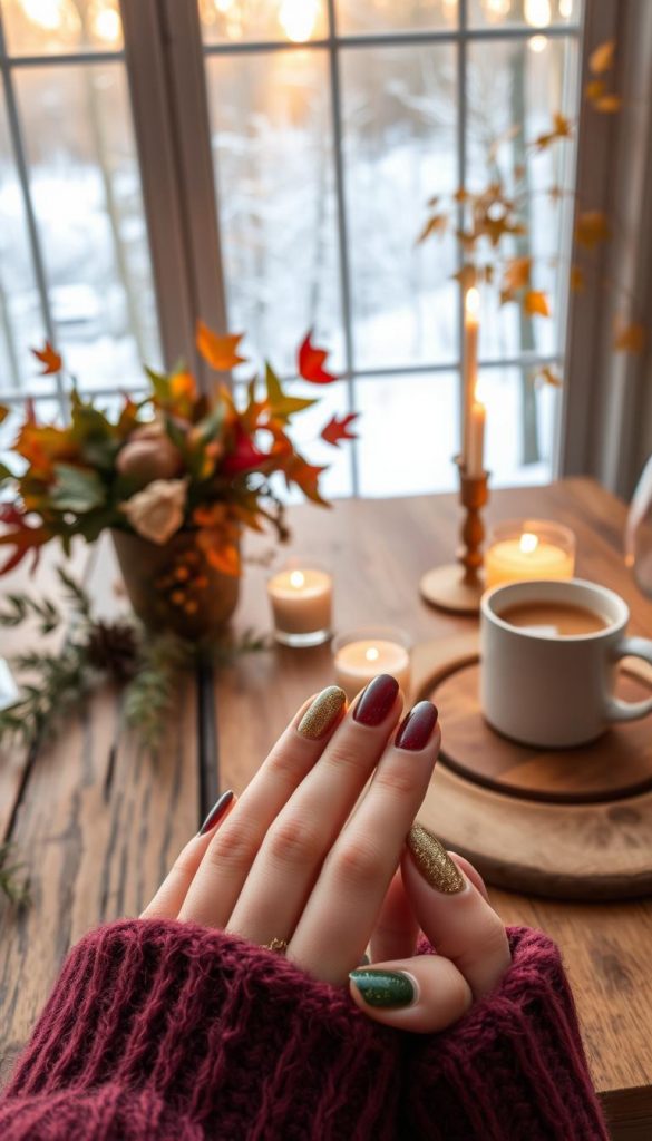 A cozy autumn scene showcasing the latest nail design trends for the 2025/2026 winter season. In the foreground, a soft-focused shot captures a person's hands adorned with richly hued, textured nails in shades of deep burgundy, forest green, and shimmering gold. The middle ground features a rustic wooden table topped with seasonal foliage, candles, and a mug of hot cider, evoking a warm, inviting ambiance. In the background, a blurred window offers a glimpse of a snowy, wooded landscape bathed in a golden, late-afternoon glow. The overall composition exudes a Pinterest-inspired, natural, and authentic aesthetic that captures the essence of the anticipated autumn/winter nail design trends.