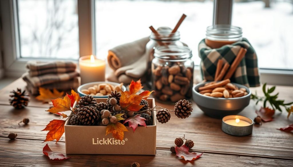 A cozy autumnal scene of handmade seasonal gifts arranged on a rustic wooden table. In the foreground, a KlickKiste gift box overflows with pine cones, dried leaves, and acorns. Behind it, a stack of knitted mittens, a plaid scarf, and a jar filled with cinnamon sticks. In the middle ground, a bowl of mixed nuts and a tealight candle cast a warm glow. The background features a window overlooking a snowy landscape, hinting at the coming winter. Soft, natural lighting illuminates the earthy tones and textures, creating a inviting, homely atmosphere.