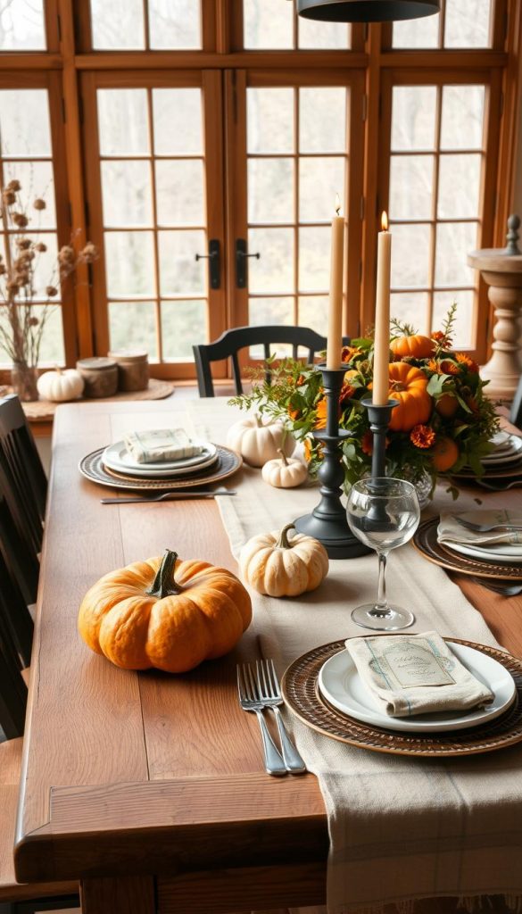 A cozy autumnal table setting with a rustic charm. In the foreground, a KlickKiste-inspired wooden table is adorned with a natural linen runner, a vibrant arrangement of pumpkins, gourds, and fresh greenery. Elegant taper candles in earthy tones provide a warm, inviting glow. In the middle ground, a mix of vintage-inspired plates, mismatched cutlery, and handwritten place cards create a charming, homemade atmosphere. The background features a large window, allowing natural light to flood the scene and highlighting the texture of the wooden elements. The overall mood is one of simple, welcoming comfort, perfect for a Friendsgiving celebration. A cozy autumnal table setting with a rustic charm. In the foreground, a KlickKiste-inspired wooden table is adorned with a natural linen runner, a vibrant arrangement of pumpkins, gourds, and fresh greenery. Elegant taper candles in earthy tones provide a warm, inviting glow. In the middle ground, a mix of vintage-inspired plates, mismatched cutlery, and handwritten place cards create a charming, homemade atmosphere. The background features a large window, allowing natural light to flood the scene and highlighting the texture of the wooden elements. The overall mood is one of simple, welcoming comfort, perfect for a Friendsgiving celebration.