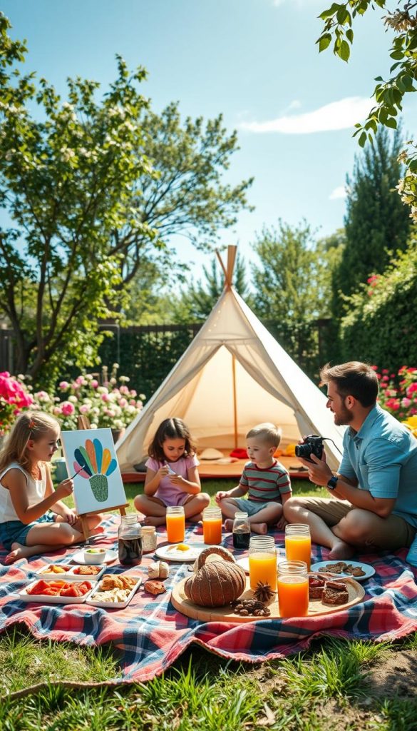 A cozy backyard staycation scene, featuring a family enjoying a delightful micro-adventure. In the foreground, a picnic blanket is spread out, adorned with a colorful spread of homemade snacks and drinks. A family of four, dressed in modest casual clothing, is engaged in playful activities—one child is painting on a canvas while the other takes photos with a camera. In the middle ground, a tent is pitched with fairy lights twinkling, creating a warm, inviting atmosphere. The background showcases a lush garden with blooming flowers under a clear blue sky, with soft sunlight filtering through the leaves. The overall mood is cheerful and relaxing, evoking the essence of a Spring staycation. Capture the intricate details in a natural, warm color palette with a Pinterest-worthy aesthetic. Inspired by KlickKiste.