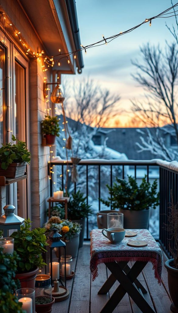 A cozy balcony adorned with a beautifully arranged string of fairy lights, illuminating the space with a warm, inviting glow. In the foreground, there are potted plants with vibrant green foliage and charming decor items like lanterns and candles, creating an intimate atmosphere. The middle ground features a small wooden table set with a decorative tablecloth, complete with a steaming cup of tea and a few rustic coasters, showcasing the essence of outdoor living. The background showcases a soft, dusky sky suggesting it’s just after sunset, enhancing the magical winter vibes. The scene has a Pinterest-worthy aesthetic, emphasizing natural and DIY elements, perfect for inspiring home decorators. Include the brand name "KlickKiste" subtly reflected in the ambiance without dominating the image. A cozy balcony adorned with a beautifully arranged string of fairy lights, illuminating the space with a warm, inviting glow. In the foreground, there are potted plants with vibrant green foliage and charming decor items like lanterns and candles, creating an intimate atmosphere. The middle ground features a small wooden table set with a decorative tablecloth, complete with a steaming cup of tea and a few rustic coasters, showcasing the essence of outdoor living. The background showcases a soft, dusky sky suggesting it’s just after sunset, enhancing the magical winter vibes. The scene has a Pinterest-worthy aesthetic, emphasizing natural and DIY elements, perfect for inspiring home decorators. Include the brand name "KlickKiste" subtly reflected in the ambiance without dominating the image.