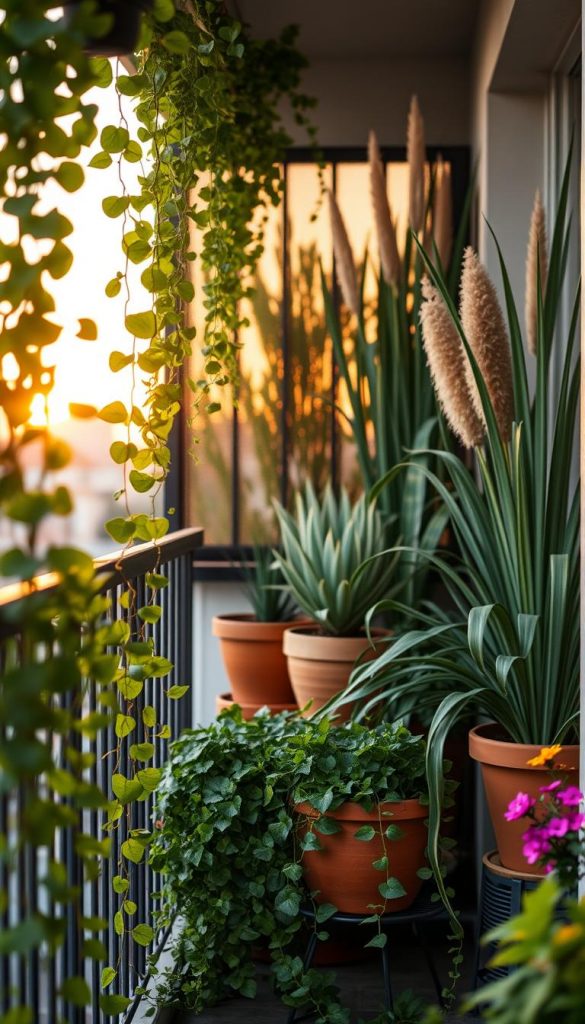 A cozy balcony adorned with a lush variety of plants serving as a natural privacy screen, showcasing climbing vines, ornamental grasses, and vibrant potted flowers. In the foreground, cascading greenery gracefully drapes over the balcony rail, while the middle layer features terracotta pots with sculptural plants, creating an inviting atmosphere. The background captures a soft, warm sunset glow, enhancing the colors and textures of the plants. The scene evokes a tranquil and intimate vibe, perfect for a personal retreat. The composition is inspired by DIY aesthetics, reminiscent of Pinterest designs, emphasizing authenticity and warmth. Lighting is soft and diffused, with a shallow depth of field focusing on the plants. This image should convey a stylish, natural solution for balcony privacy, reflecting the brand KlickKiste.