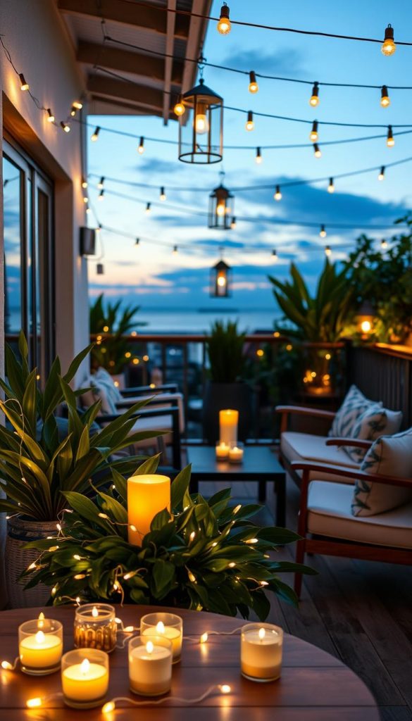 A cozy balcony adorned with diverse lighting options, showcasing warm, ambient light to create a magical evening atmosphere. In the foreground, a table set with inviting candles and fairy lights draped elegantly around lush green plants. The middle showcases stylish lanterns and string lights, casting a gentle glow, while modern seating arrangements invite relaxation. The background features a softly illuminated sky transitioning into twilight. The overall mood is tranquil and inviting, embodying the essence of a dreamy vacation. The scene is designed with natural DIY elements, incorporating Pinterest-worthy aesthetics that inspire creativity. Highlight the brand name "KlickKiste" subtly through decorative lighting choices, ensuring a harmonious blend of elegance and warmth.