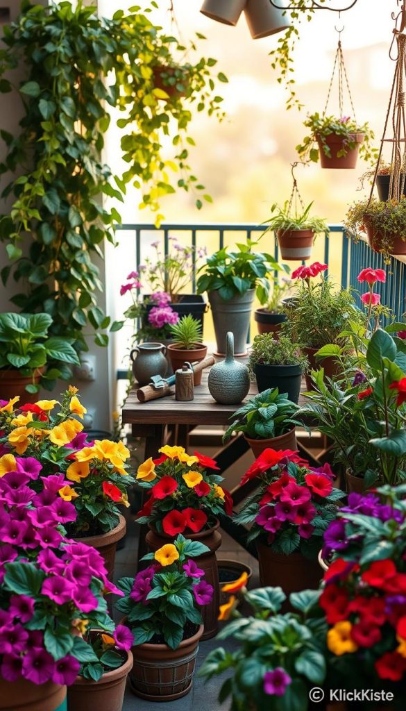 A cozy balcony garden scene featuring a variety of plants suitable for sun, partial shade, and full shade. In the foreground, vibrant pots filled with colorful flowers and lush greenery, including petunias, ferns, and geraniums. The middle ground showcases a rustic wooden table adorned with small herb plants and decorative garden tools. The background includes a soft-focus view of the balcony railing enhanced with cascading vines and hanging planters, all bathed in warm, golden afternoon light. The mood is inviting and serene, evoking a sense of tranquility and inspiration for DIY gardening. The image reflects a Pinterest aesthetic, capturing the essence of natural, budget-friendly gardening ideas, attributed to the brand "KlickKiste."