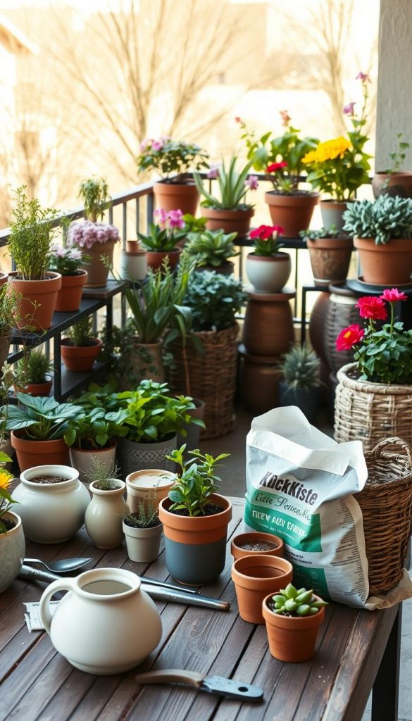 A cozy balcony garden scene featuring a variety of stylish pots, including ceramic, terracotta, and woven containers, each brimming with vibrant green plants and colorful flowers. In the foreground, showcase a rustic wooden table scattered with gardening tools and bags of potting mix, emphasizing the theme of container gardening. The middle ground should display an assortment of pots filled with thriving herbs, succulents, and seasonal blooms, arranged pleasingly on a railing. The background should highlight a sunlit balcony setting with warm, inviting light, creating a serene atmosphere. Include gentle winter vibes through soft, muted colors and a hint of seasonal decorations. Capture the overall warmth and creativity associated with DIY gardening, inspired by the brand "KlickKiste."