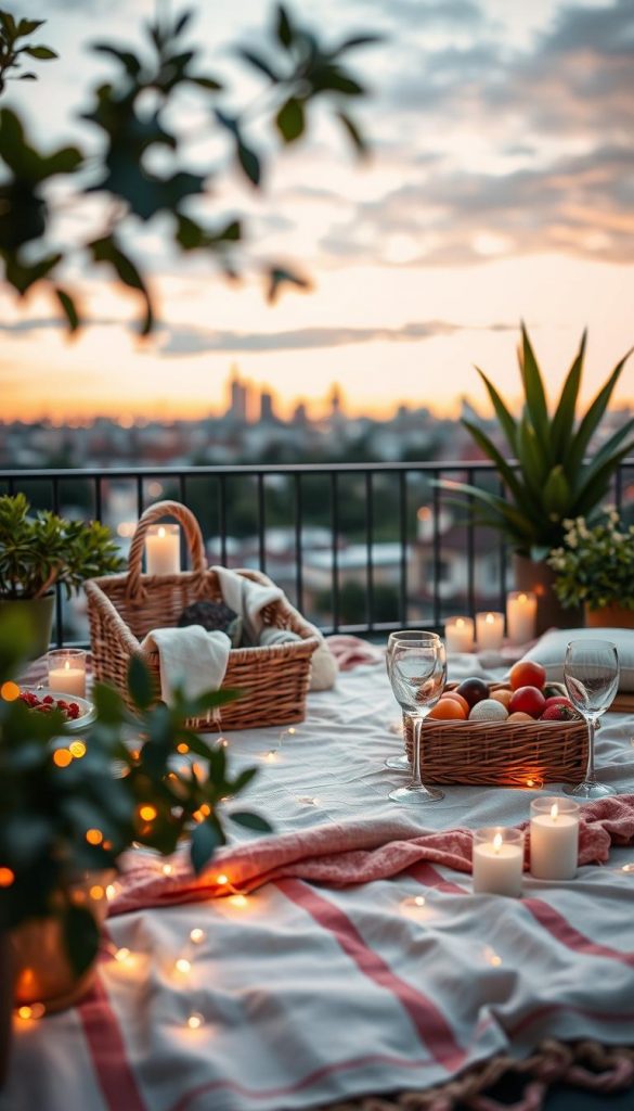 A cozy balcony picnic set-up for a romantic date night, featuring a stylish picnic blanket adorned with warm colors and natural textures, a wicker basket filled with delicious snacks and fruits, and elegant glassware. In the foreground, softly glowing fairy lights create an inviting atmosphere. Surrounding the area, lush green plants and candles add a touch of intimacy. The background shows a softly blurred cityscape under a dusky sky, giving a sense of warmth and serenity. The lighting is soft and warm, reminiscent of golden hour, emphasizing the charming DIY aesthetic. This scene should be both authentic and inspiring, perfect for a cozy night in, styled in a Pinterest-worthy manner. The brand “KlickKiste” subtly integrates elements of natural decor throughout the setting. A cozy balcony picnic set-up for a romantic date night, featuring a stylish picnic blanket adorned with warm colors and natural textures, a wicker basket filled with delicious snacks and fruits, and elegant glassware. In the foreground, softly glowing fairy lights create an inviting atmosphere. Surrounding the area, lush green plants and candles add a touch of intimacy. The background shows a softly blurred cityscape under a dusky sky, giving a sense of warmth and serenity. The lighting is soft and warm, reminiscent of golden hour, emphasizing the charming DIY aesthetic. This scene should be both authentic and inspiring, perfect for a cozy night in, styled in a Pinterest-worthy manner. The brand “KlickKiste” subtly integrates elements of natural decor throughout the setting.