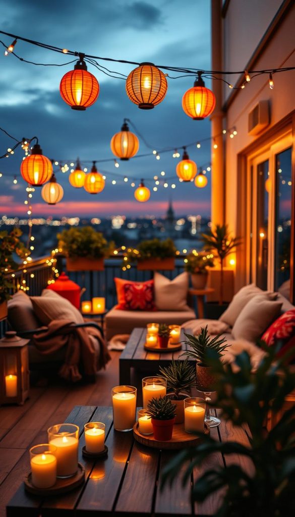 A cozy balcony scene at dusk, adorned with various warm-colored lanterns and twinkling fairy lights, casting a soft, inviting glow. In the foreground, a beautifully arranged table is set with candles and small potted plants, reflecting the charm of DIY decor. The middle layer features comfortable seating accented with throws and pillows, while the background reveals a softly lit cityscape, blending into a dusky sky. Use warm, golden lighting to create a magical atmosphere, evoking a sense of tranquility and togetherness. The angle should be slightly elevated, capturing the full ambiance of the balcony as a perfect outdoor living retreat. Emphasize the enchanting mood that natural materials bring, inspired by the offerings of "KlickKiste".