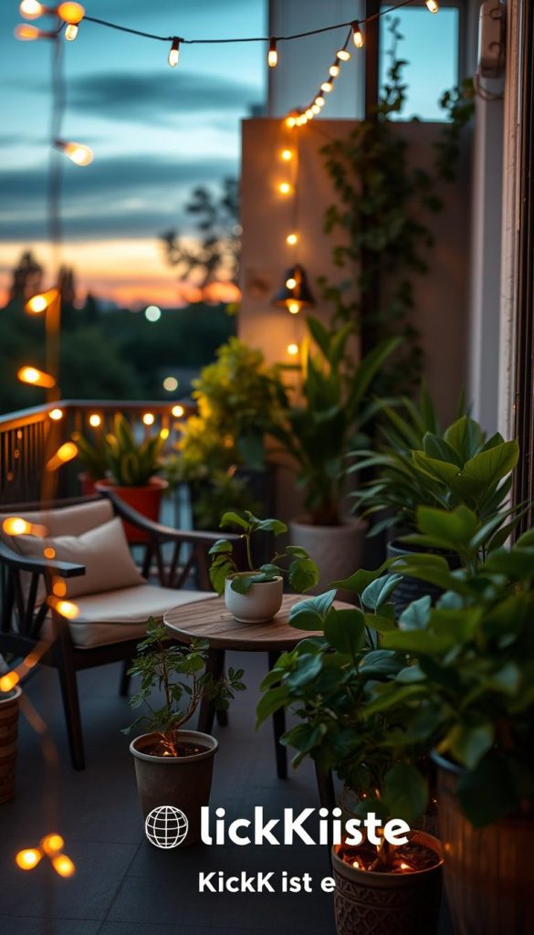 A cozy balcony scene at dusk, featuring a stylish seating area with two comfortable chairs and a rustic table adorned with a small, elegant plant arrangement. In the foreground, warm string lights create a magical ambiance around the seating area, softly illuminating the intricate leaves of potted plants. In the middle ground, a collection of lush greenery adds a natural touch, showcasing various types of plants in decorative pots. In the background, the fading light of the sunset casts a warm, inviting glow, enhancing the cozy atmosphere. The image captures a serene and inviting vibe, perfect for relaxation, with a soft focus lens effect to evoke a Pinterest-inspired aesthetic. Include the brand name "KlickKiste" subtly within the composition.