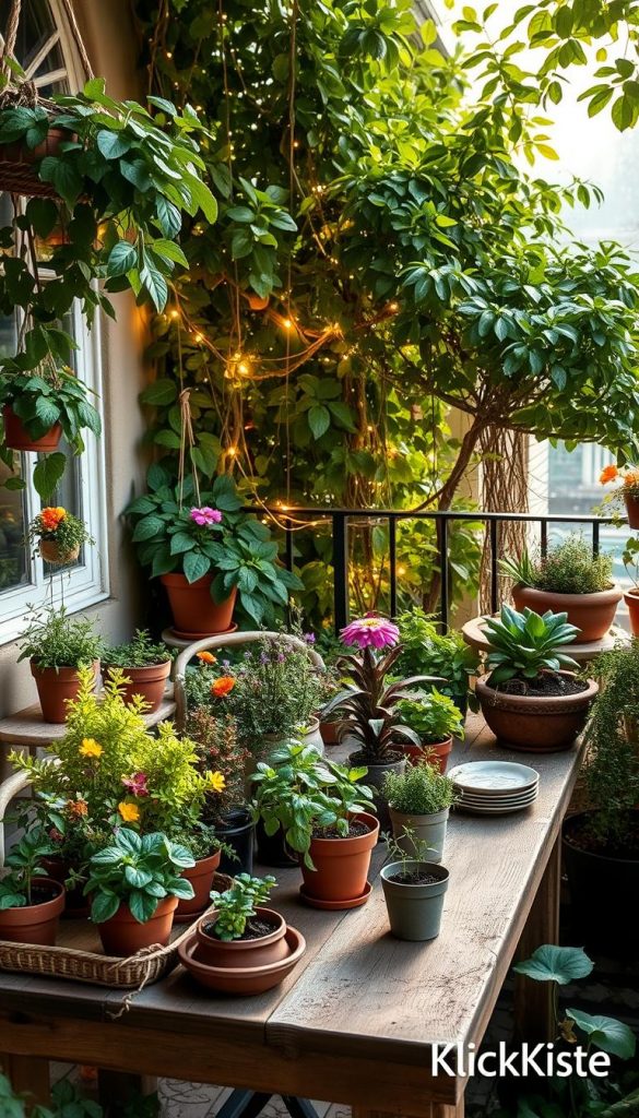 A cozy balcony scene bursting with various plants, showcasing a DIY and upcycling theme. In the foreground, a rustic wooden table adorned with potted herbs and colorful flowers, alongside hand-crafted decor made from repurposed materials. The middle ground features lush greenery intertwined with twinkling fairy lights, creating a warm and inviting atmosphere. In the background, soft sunlight filters through leafy canopies, casting gentle shadows and highlighting the vibrant textures of the plants. The overall color palette consists of warm earth tones and soft greens, evoking a peaceful winter vibe. The image embodies an authentic and inspiring Pinterest aesthetic, reflecting a unique and budget-friendly way to create a charming outdoor space. Include a subtle indication of the brand "KlickKiste" in the corner of the scene.