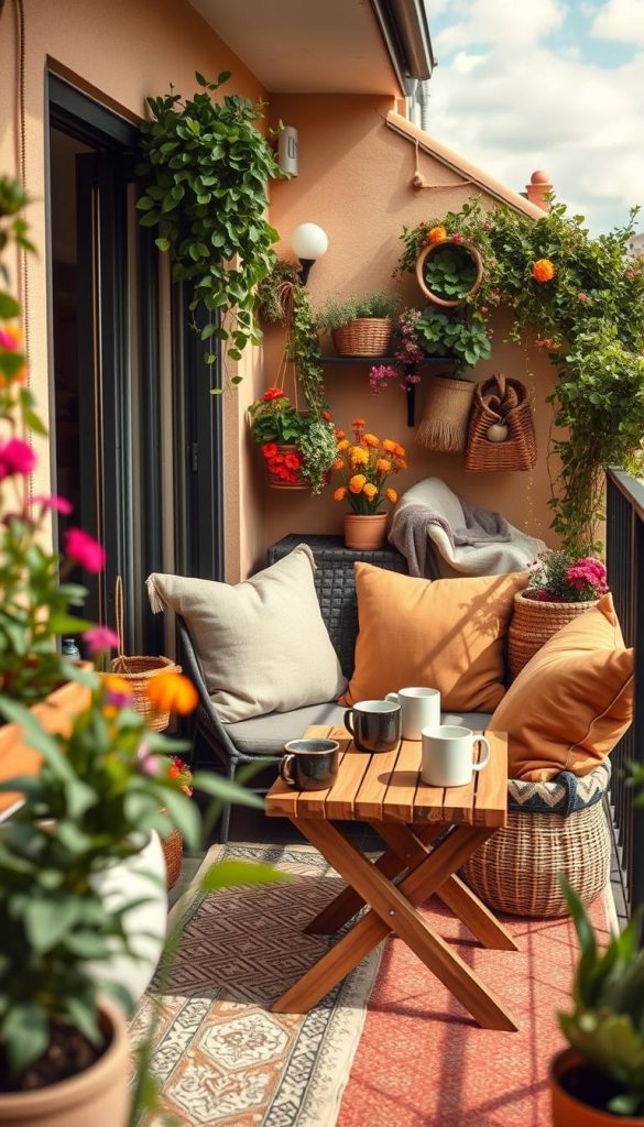 A cozy balcony scene designed to illustrate four styles: Mediterranean, modern, Boho, and Scandi. In the foreground, a small, inviting balcony adorned with lush green plants and colorful flowers, emphasizing a natural DIY aesthetic. A wooden table with artisan mugs sits beside a comfortable seating area featuring soft cushions in warm, earthy tones. In the middle ground, decorative elements like woven baskets, fairy lights, and patterned rugs evoke a welcoming atmosphere. The background includes a sunny sky with gentle clouds, enhancing the warm color palette. The lighting is soft, creating a tranquil and inviting vibe, ideal for relaxation or gathering. The composition reflects the essence of a Pinterest-inspired balcony space, showcasing styles merging seamlessly. Captured with a shallow depth of field, the focus is drawn to the balcony's details, embodying an inspiring, authentic ambiance. Brand name visible: KlickKiste.