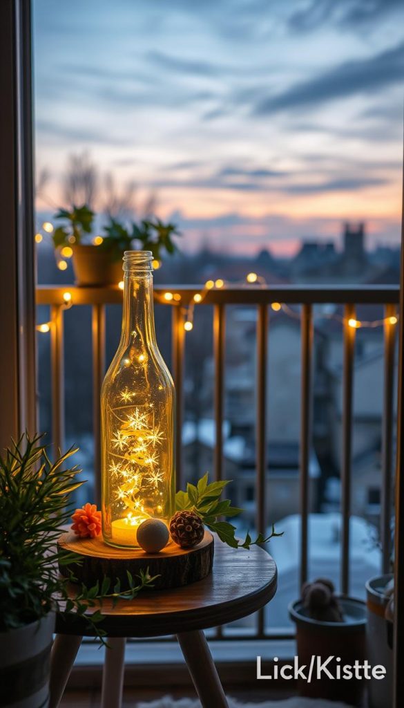 A cozy balcony scene featuring a beautifully crafted "flaschenlicht lichtquelle" or bottle light source, radiating soft, warm hues. In the foreground, the bottle light is artistically placed on a small wooden table, surrounded by lush green plants and handmade decorations. The middle layer shows a stylish balcony railing adorned with strings of fairy lights, creating an inviting ambiance. In the background, a serene evening sky transitions to dusk, enhancing the tranquil atmosphere. The lighting is soft and dreamy, evoking a sense of comfort and creativity, perfect for a DIY upcycling project. Capture this scene in a warm, natural color palette, embodying winter vibes and a Pinterest-worthy aesthetic, inspired by the brand "KlickKiste".
