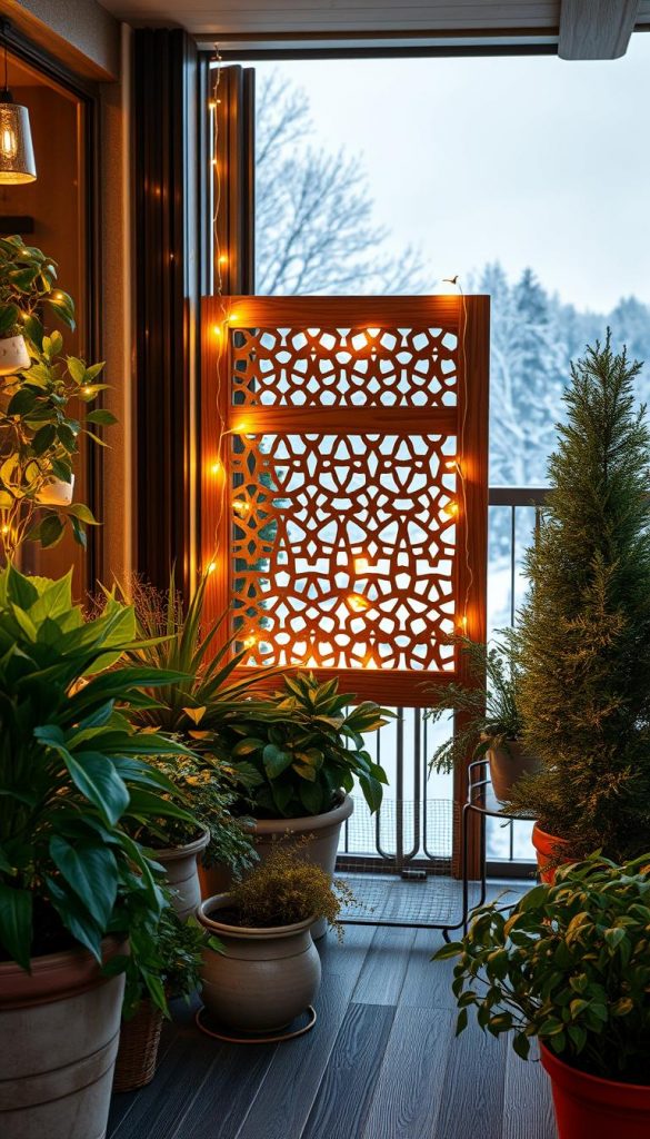 A cozy balcony scene featuring a stylish and effective Sichtschutz, designed to provide privacy and protection from the wind. In the foreground, lush potted plants of various heights create a natural barrier, intertwined with soft outdoor lighting casting warm glows. The middle layer showcases a handcrafted wooden screen with intricate cut-out designs, complemented by decorative string lights that add a touch of charm. In the background, a tranquil view of a winter landscape with softly falling snowflakes enhances the serene atmosphere. The lighting is golden and inviting, reminiscent of a Pinterest vibe. The overall mood should feel authentic, inspiring, and perfectly suited for a winter-themed DIY idea from "KlickKiste."