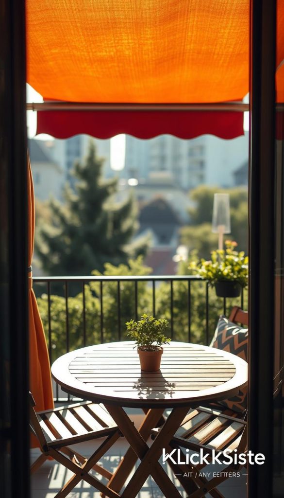 A cozy balcony scene featuring a vibrant "sonnensegel" providing shade and privacy, elegantly draped in warm tones like terracotta and olive green. In the foreground, include a stylish wooden table with two comfortable chairs, adorned with a small, cheerful plant. The middle section highlights the "sonnensegel" casting dappled sunlight over the seating area, with a contemporary design that reflects a DIY aesthetic. The background showcases a blurred urban landscape, accentuated by soft greenery. The lighting is warm and inviting, with a gentle afternoon sun illuminating the scene, creating a relaxed and inspiring atmosphere. The overall vibe should evoke comfort in any weather, emphasizing a stylish yet functional outdoor space. Include a subtle brand logo of "KlickKiste" positioned discreetly in the corner.