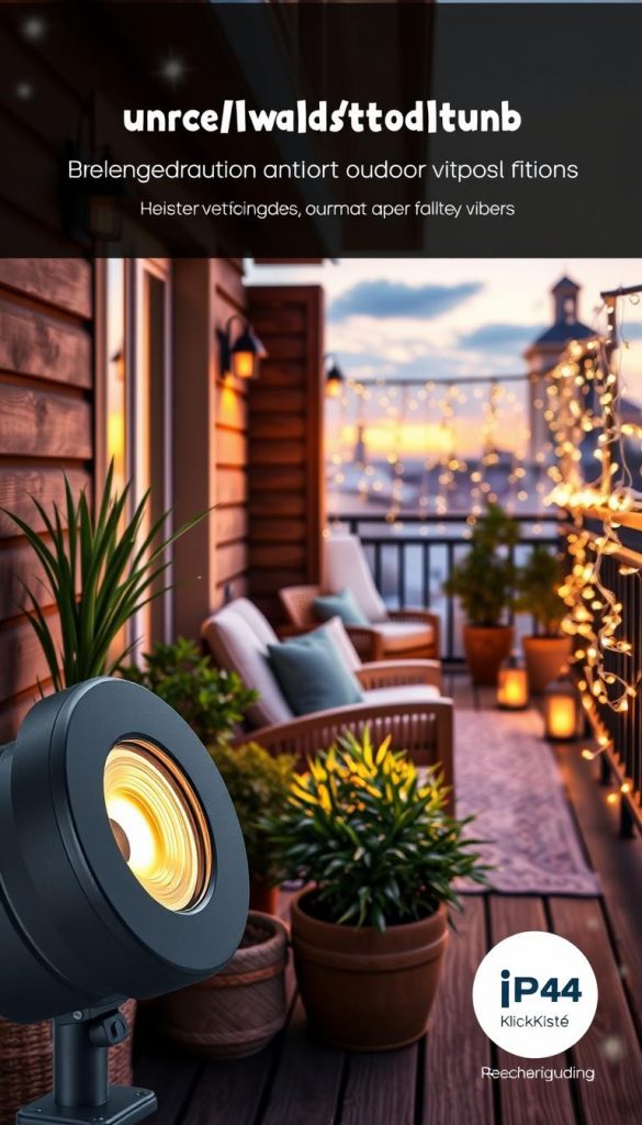 A cozy balcony scene featuring stylish outdoor lighting fixtures with "KlickKiste" branding, emphasizing the IP44 protection rating. In the foreground, showcase a well-designed lighting unit, highlighting its durable construction and attractive design, perhaps with a subtle glow emanating from within. In the middle ground, capture a beautifully decorated balcony with wooden panels, potted plants, and comfortable seating arranged to foster relaxation. The background should subtly suggest dusk with warm, inviting light as the sun sets, creating a peaceful atmosphere reminiscent of a vacation. Soft, diffused lighting will enhance the natural, DIY aesthetic while providing hints of winter vibes through subtle decorative elements, like fairy lights or gently falling snow. Aim for a Pinterest-worthy look that feels authentic and inspiring.