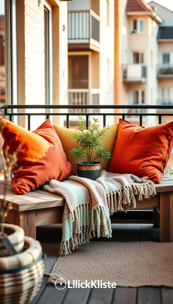 A cozy balcony scene featuring vibrant cushions in warm hues, a mix of textiles, and natural wooden elements. In the foreground, plush cushions in rich shades of terracotta, mustard, and soft green are artfully arranged on a rustic wooden bench. In the middle, a potted plant adds a touch of greenery, while a handwoven throw lies casually draped over the bench, enhancing the inviting atmosphere. The background showcases a softly blurred view of adjacent balconies, giving depth to the image. Warm, natural lighting filters through, casting gentle shadows that create a serene vibe reminiscent of winter afternoons. The overall mood is authentic and inspiring, encapsulating a Pinterest-worthy aesthetic. The brand "KlickKiste" is subtly incorporated into the design elements, emphasizing a stylish, natural DIY look.