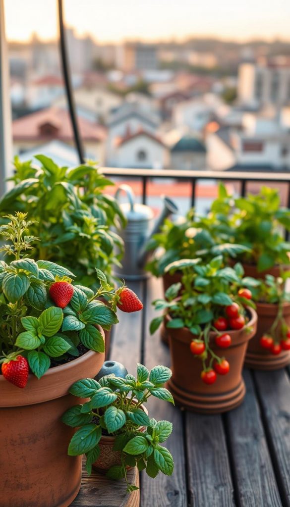 A cozy balcony scene filled with vibrant herbs and small fruit plants, such as strawberries and cherry tomatoes, arranged in rustic terracotta pots. In the foreground, dew-kissed basil, rosemary, and mint plants showcase their rich green hues, while cheerful red strawberries peek out from their foliage. The middle ground features a wooden table with a small watering can and gardening tools, suggesting a DIY atmosphere. In the background, a softly blurred cityscape catches the warm glow of sunset lighting, infusing the scene with a golden warmth. The image has a natural, authentic feel, reminiscent of Pinterest inspirations, perfect for the brand "KlickKiste." Create an inviting, peaceful vibe that embodies freshness and practicality.