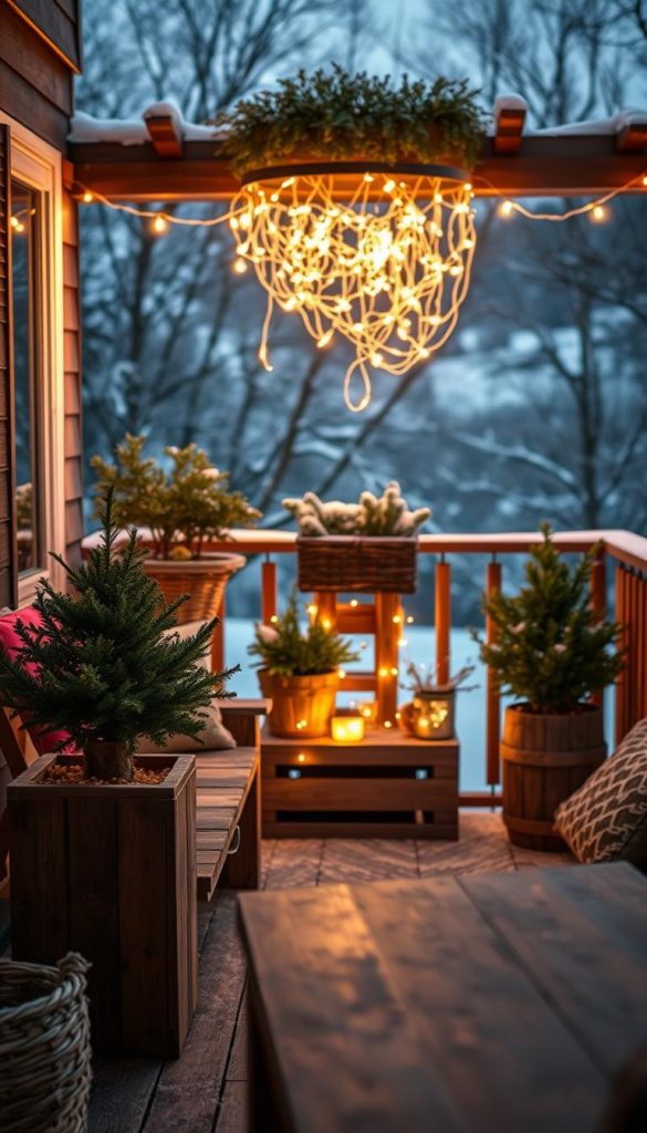 A cozy balcony scene in the winter, bathed in warm, soft lighting. A KlickKiste filled with twinkling fairy lights casts a gentle glow, complementing the rustic wood furnishings and lush potted plants. In the background, a snow-dusted landscape sets the serene, inviting mood. A harmonious blend of natural materials and DIY charm, this image captures the essence of a cozy, Pinterest-inspired outdoor space perfect for festive celebrations.