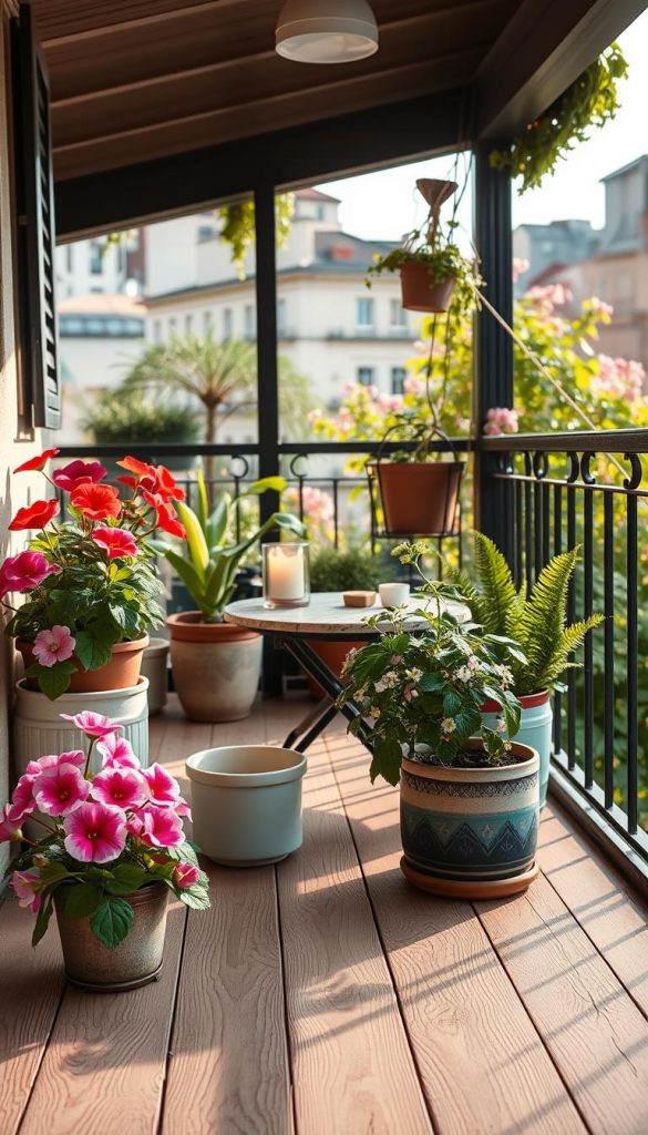 A cozy balcony scene showcasing a DIY renovation with a warm, inviting atmosphere. In the foreground, a beautifully textured wooden floor with fresh paint adds a touch of elegance, complemented by potted plants like vibrant geraniums and lush ferns gently swaying in the breeze. In the middle, a small table is set with charming spring decor, such as pastel-colored candles and artisanal placemats. Soft light filters in, casting gentle shadows that create an intimate feel. The background features a quaint urban view with blooming flowers and greenery, enhancing the outdoor-living ambiance. The overall mood should inspire creativity and relaxation, embodying the essence of spring while featuring the brand "KlickKiste" discretely in the decor.