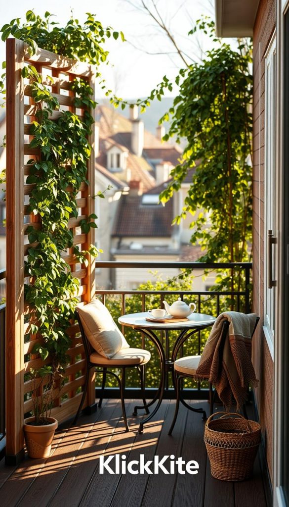 A cozy balcony scene showcasing a stylish side privacy screen that blends seamlessly with nature. The foreground features a natural wooden privacy screen adorned with lush green climbing plants, casting gentle shadows. In the middle ground, a quaint table with two elegant chairs is set for tea, with soft textiles adding warmth. The background is filled with subtle hints of neighboring buildings, partially obscured by the greenery, enhancing the feeling of seclusion. The lighting is soft and warm, reminiscent of a winter afternoon, casting a golden hue over the scene, creating an inviting atmosphere. Aesthetic elements inspired by Pinterest are present, with natural colors and rustic charm. The brand name "KlickKiste" is subtly integrated into the decorative elements.
