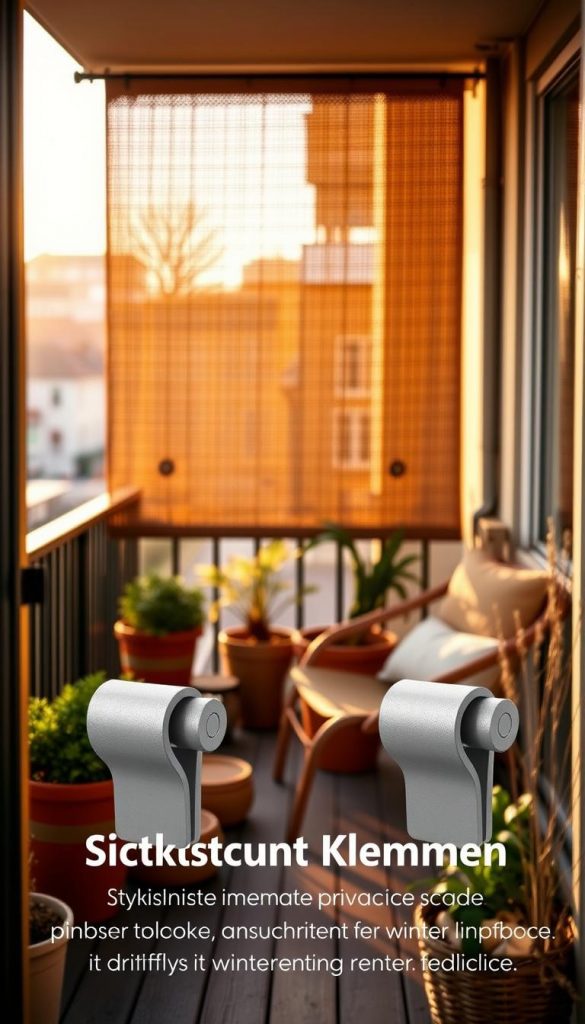 A cozy balcony scene showcasing "Sichtschutz Klemmen" by KlickKiste, prominently displayed in the foreground. The clamps gently hold a stylish, natural material privacy screen, enhancing the sense of privacy. In the middle, potted plants in warm colors add life, while a comfortable chair invites relaxation. The background features a softly blurred urban environment, creating an inviting atmosphere. The lighting is warm and inviting, reminiscent of a late afternoon sun filtering through, casting gentle shadows. The mood is peaceful and inspiring, embodying a "Pinterest-look" with a touch of winter vibes, emphasizing flexibility and style without the need for drilling, making it renter-friendly.
