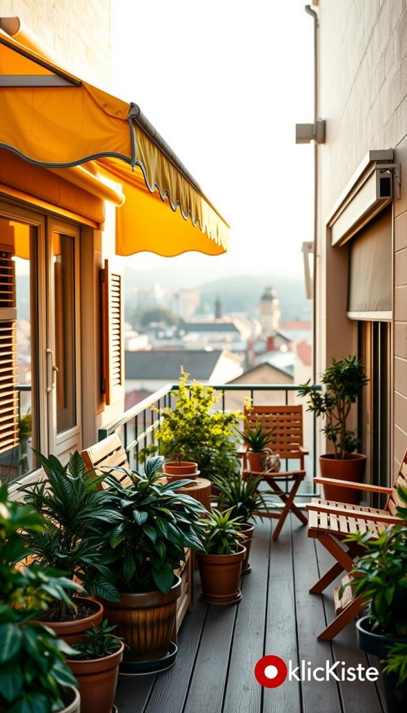A cozy balcony scene showcasing stylish privacy solutions inspired by the theme "Balkon Sichtschutz". In the foreground, a beautifully decorated balcony with lush potted plants and warm-toned wooden furniture, featuring a cheerful yellow awning that offers shade. Just behind it, elegant side rollers and solar roll-down shades are installed, blending seamlessly with the décor. The background reveals a soft-focus cityscape, lightly illuminated by the golden hues of a late afternoon sun. The atmosphere is inviting and intimate, evoking a sense of calm and privacy, perfect for relaxation. Capture the essence of DIY charm with a Pinterest-worthy aesthetic, emphasizing natural materials and earthy colors. Include a subtle brand presence of "KlickKiste" integrated into the design elements without overt branding.