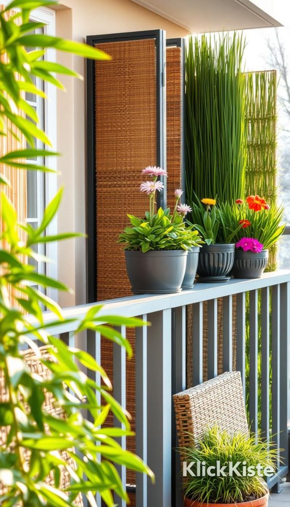 A cozy balcony scene showcasing various types of "sichtschutzmatten" (privacy screens) elegantly arranged along a railing. In the foreground, focus on lush bamboo and natural woven reed mats, with vibrant green leaves peeking through, creating a feeling of privacy and serenity. The middle ground features stylish plastic and grass-like privacy screens, blending seamlessly with elegant potted plants displaying colorful flowers. The background captures a warm, inviting atmosphere with soft sunlight filtering through a gentle winter haze, enhancing the natural colors and textures of the materials. This scene embodies a DIY Pinterest-worthy aesthetic, radiating warmth and inspiration. Include subtle branding of "KlickKiste" integrated into the scene, ensuring it feels like an authentic home setting.