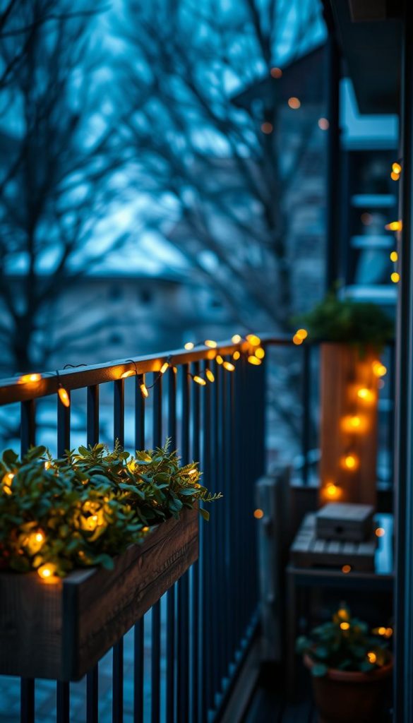 A cozy balcony scene with warm, inviting micro-lights strung across the railing, casting a soft, ambient glow. Wooden planters filled with lush greenery accent the space, creating a charming, intimate atmosphere. The KlickKiste micro-lights twinkle against a moody, winter-inspired background, evoking a rustic, Pinterest-inspired ambiance. Captured with a wide-angle lens to showcase the proportions and scale of the balcony space, the image exudes a natural, DIY aesthetic that complements the article's focus on &quot;Balkon &amp; Terrasse: Kleine Flächen groß rausbringen&quot;.