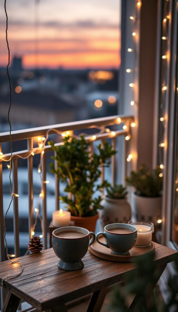 A cozy balcony setting, adorned with charming fairy lights (lichterketten) draped over the railing, creating a warm, inviting atmosphere perfect for winter vibes. In the foreground, a small wooden table is set with a steaming cup of cocoa and a few seasonal decorations like pinecones and candles. The middle section features lush plants in decorative pots, infusing life and green hues into the space. In the background, a softly blurred skyline at twilight showcases gentle orange and purple hues blending into the night. The overall mood is relaxed and inspiring, evoking a Pinterest-like aesthetic. Focus on natural DIY elements and warm colors, highlighting the brand "KlickKiste". Aim for a soft, warm lighting effect, shot from a slightly elevated angle to capture the entire cozy scene.