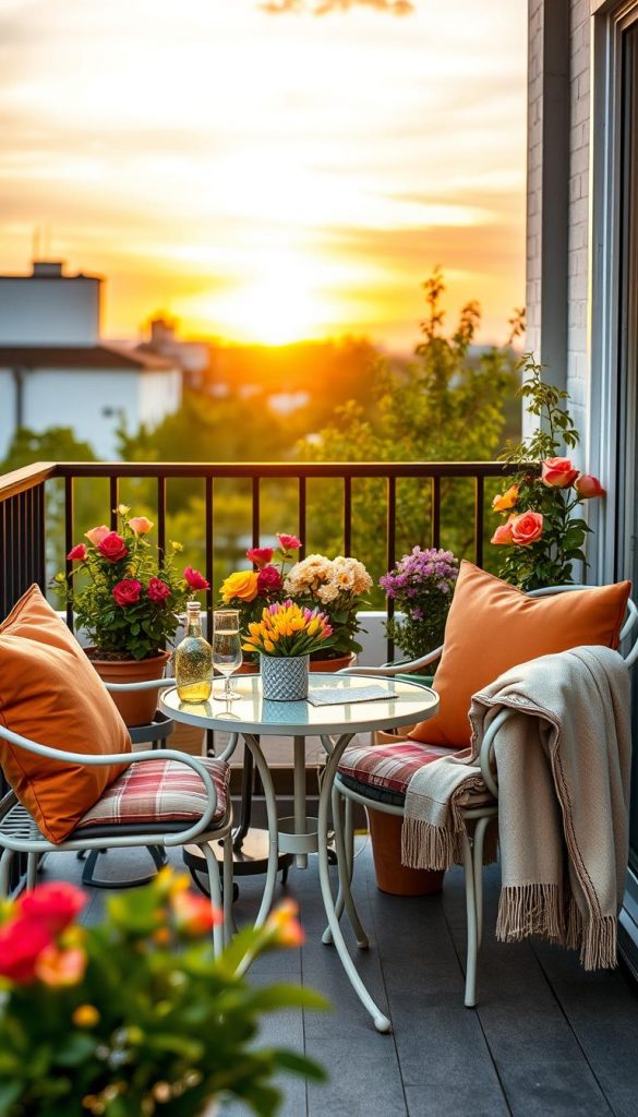 A cozy balcony setting featuring stylish, comfortable furniture from KlickKiste, designed for outdoor living. In the foreground, a chic bistro table with two elegant chairs adorned with colorful cushions in warm spring tones. In the middle ground, potted plants and vibrant flowers create a lively atmosphere, with a soft throw blanket draped over one chair. In the background, a sunset sky casts a warm glow, enhancing the inviting vibe. Natural light accentuates the textures of the textiles and wood finishes, creating a Pinterest-worthy scene. Capture the essence of comfort, function, and a festive spring ambiance, evoking a sense of relaxation and inspiration for outdoor decor.