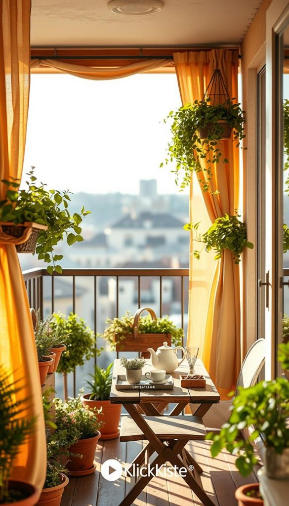 A cozy balcony showcasing stylish privacy ideas with a natural, DIY aesthetic. In the foreground, a wooden railing adorned with soft, warm-toned fabric curtains and potted plants overflowing with greenery. The middle ground features a rustic table with a neatly arranged tea set and a few inspirational decor pieces, all within a sun-drenched space. In the background, a softly blurred cityscape adds depth, suggesting urban living while ensuring a serene environment. The lighting is warm and inviting, reminiscent of a peaceful afternoon sun. The overall atmosphere is calming and inspiring, perfect for readers seeking elegant and practical privacy solutions. Include subtle branding elements of "KlickKiste" within the scene, ensuring they blend harmoniously with the decor.