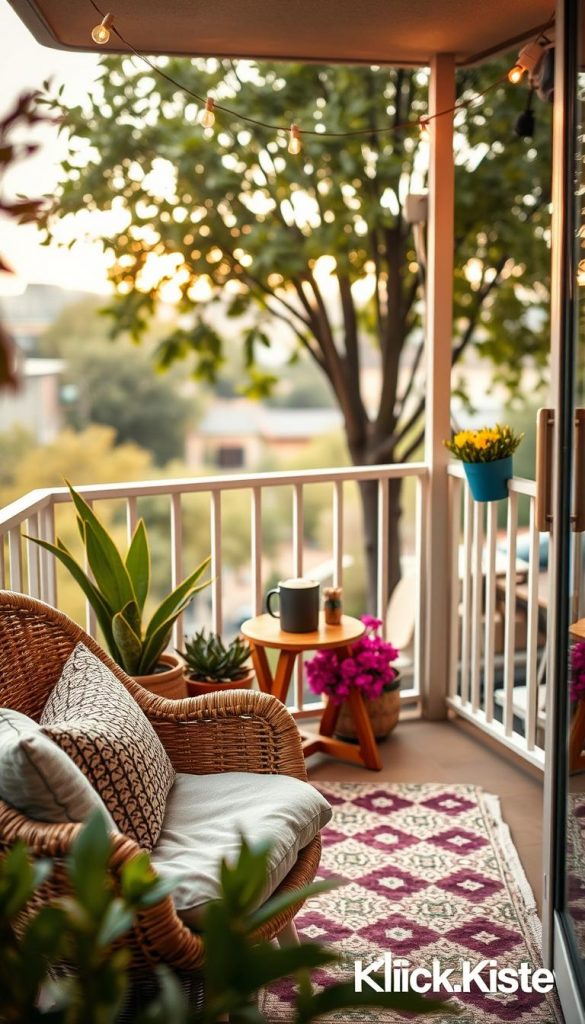 A cozy balcony space designed for relaxation, showcasing natural, DIY aesthetics with warm, inviting colors. In the foreground, a comfortable wicker chair adorned with soft cushions sits next to a small wooden side table with a steaming mug and a few vibrant potted plants. The middle area features a patterned outdoor rug and string lights draping overhead, adding to the intimate atmosphere. In the background, a lush garden panorama softly blurred, with hints of city buildings peeking through greenery. The lighting is warm and golden, suggesting a late afternoon glow, captured from a slight angle to emphasize depth. The overall mood is tranquil and inspiring, perfect for a stylish winter retreat. Include subtle branding elements of "KlickKiste" throughout the decor, enhancing the Pinterest-worthy vibe.