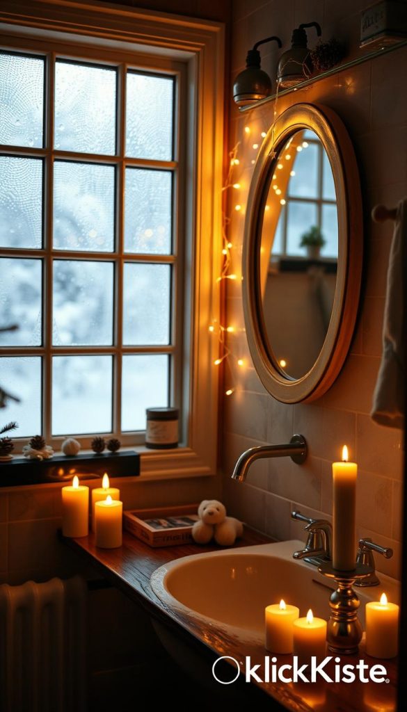 A cozy bathroom decorated for Christmas, bathed in warm, soft lighting that creates an inviting atmosphere. In the foreground, a set of flickering LED candles radiates gentle light, casting a serene glow over a rustic wooden sink. The middle features delicate fairy lights draped around a chic mirror, twinkling softly, enhancing the festive ambiance. In the background, frosted window panes show a winter scene, complementing the overall cozy feel. The colors are warm and earthy, with natural elements like pinecones and small evergreen branches incorporated into the decor. The scene is styled with a Pinterest-worthy aesthetic, reflecting DIY charm and winter vibes. Brand name "KlickKiste" subtly integrated in the design, enhancing the authenticity and inspiration of the holiday decoration.