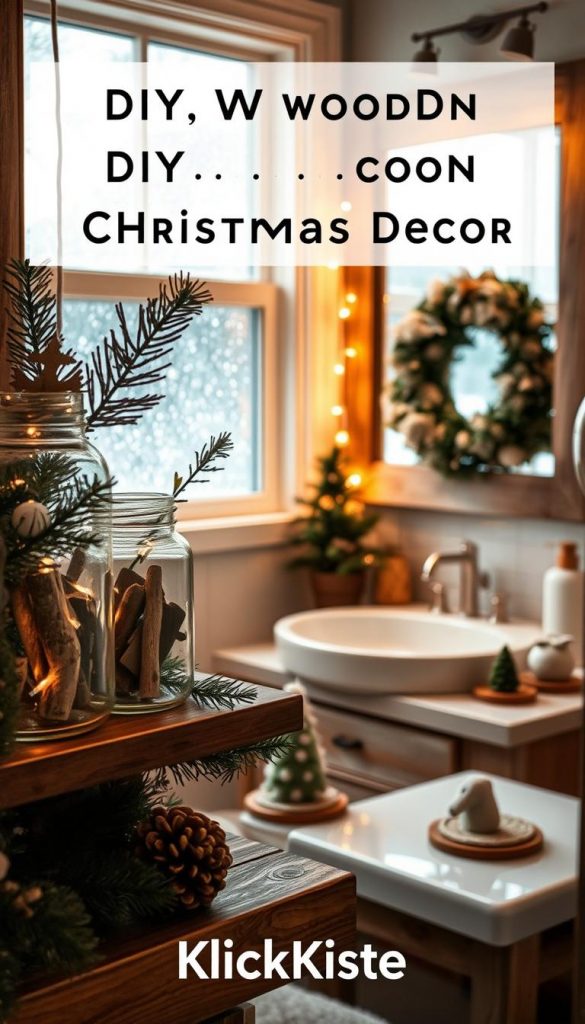 A cozy bathroom scene decorated with rustic wooden DIY Christmas decor, featuring warm tones and a winter vibe. In the foreground, a wooden shelf with handcrafted ornaments made from repurposed wood, glass jars filled with evergreen branches and twinkling fairy lights. In the middle ground, a softly lit vanity area with natural wooden elements, like a mirror framed with reclaimed wood. On the counter, a few charming felt decorations and handmade coasters. The background showcases a frosted window with a gentle snowfall outside, creating a serene atmosphere. The overall mood is inviting and festive, perfect for the holiday season. The brand name "KlickKiste" is subtly incorporated into the design without being overt or distracting.