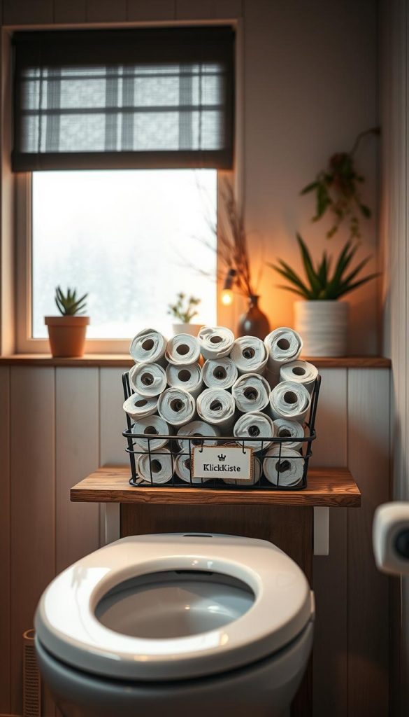 A cozy bathroom scene featuring elegantly rolled toilet paper, arranged in a stylish way on a chic wooden shelf. The foreground showcases a snug bidet seat with soft, neutral tones. In the middle, the focus is on the beautiful toilet paper display, presented in a decorative basket labeled “KlickKiste.” The background includes warm, ambient lighting that creates a welcoming atmosphere, with hints of winter vibes through a frosted window. The bathroom décor is minimalistic yet elegant, with natural elements like potted plants placed strategically to enhance the space’s freshness. The overall mood is inspiring and inviting, perfect for a practical yet aesthetically pleasing storage solution.
