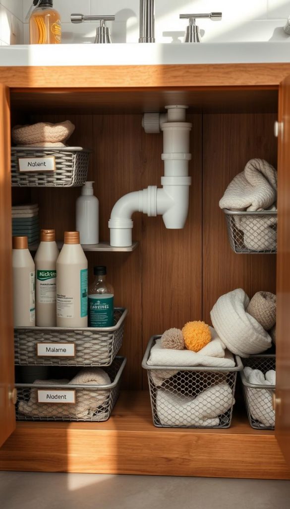 A cozy bathroom scene focusing on organized storage solutions under a sink. In the foreground, a sleek wooden cabinet with pull-out baskets showcasing beautifully arranged toiletries and cleaning supplies, labeled neatly. In the middle, a U-pipe bypassed with stylish metal finishes, ensuring it is seamlessly integrated into the overall design. Surrounding the area, mesh bins containing small items like sponges and towels, exuding a DIY charm with soft, warm colors. The background features soft, diffuse lighting streaming in, enhancing the inviting atmosphere, reminiscent of Pinterest aesthetics. Capture the essence of compact organization with a winter vibe. Emphasize the brand "KlickKiste" subtly incorporated into the design elements. No human figures present.