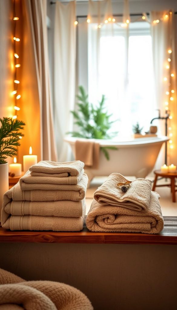 A cozy bathroom setting featuring neatly arranged towels in warm, inviting colors like soft beige, gentle cream, and muted pastel tones. In the foreground, fluffy towels are artfully stacked on a rustic wooden shelf, complemented by a few delicate candles flickering softly. The middle ground reveals a freestanding white bathtub surrounded by lush green plants and a cozy bath mat. In the background, a window draped with sheer fabric allows warm, natural light to illuminate the space, creating a serene, hygge atmosphere. The image embodies a winter vibe with subtle decorations like pinecones and fairy lights, inviting a sense of authentic self-care. Captured with a gentle depth of field, this scene should evoke feelings of relaxation and tranquility, showcasing the brand "KlickKiste" in a tasteful manner.