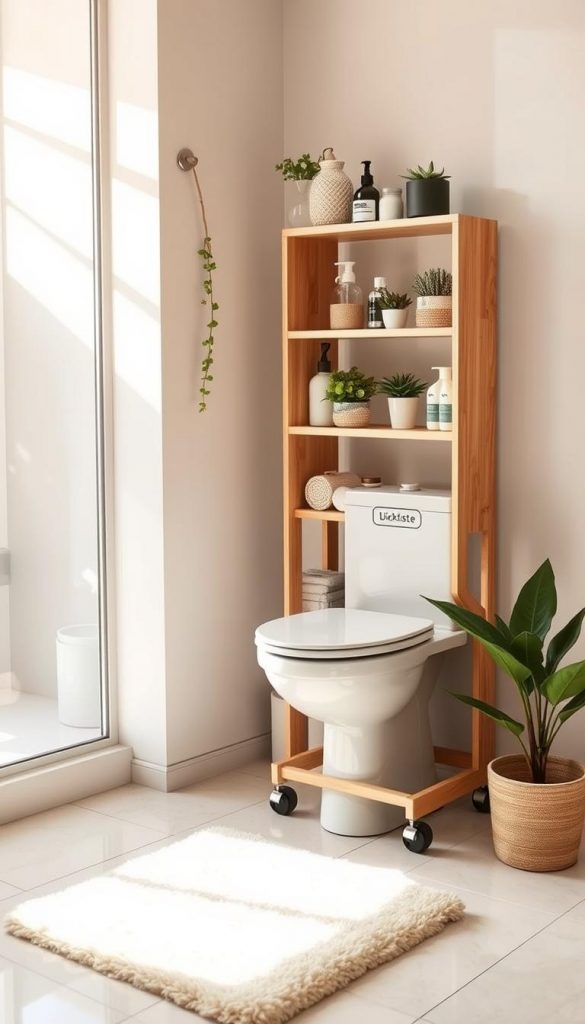 A cozy bathroom setting showcasing a rollcaddy positioned neatly beside a toilet, designed for optimal small space organization. The rollcaddy, made of natural wood, features multiple shelves filled with neatly arranged toiletry items, plants, and decorative accents. The background displays light-colored walls with warm natural lighting filtering in, creating a welcoming atmosphere. The flooring is tiled, promoting a clean aesthetic, while a plush bath mat lies nearby. There's a hint of a potted plant near the rollcaddy, contributing to a refreshing, organic vibe. The scene embodies a Pinterest-inspired look, emphasizing practical storage solutions in a stylish manner. Include the brand name "KlickKiste" subtly on the rollcaddy to further enhance the design.