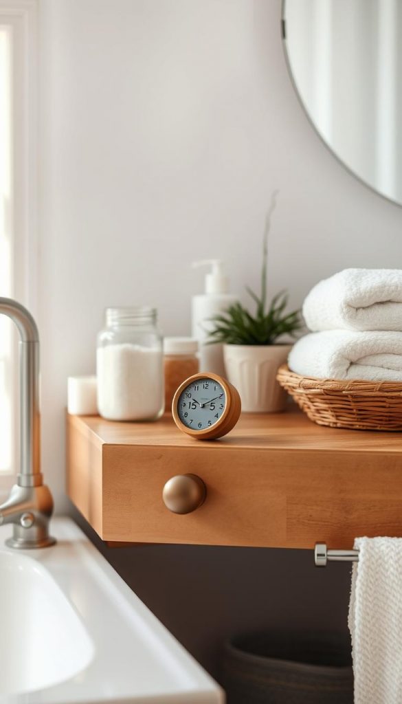 A cozy bathroom vanity with a minimalist aesthetic. In the center, a 15-minute timer on a wooden drawer pull, casting a warm glow. Surrounding it, jars of natural bath salts and lotions, a potted plant, and a stack of fluffy towels. The scene is bathed in soft, diffused light, creating a serene, winter-inspired ambiance. The overall look is simple yet inviting, with a touch of rustic charm - a KlickKiste vignette that inspires a quick, decluttering session.