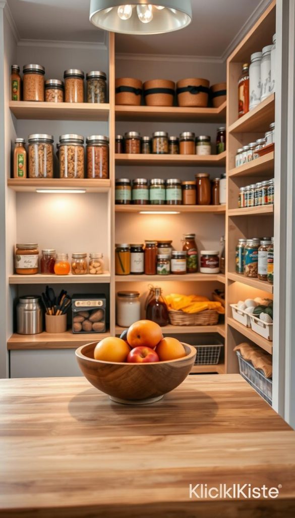 A cozy, beautifully organized small pantry featuring innovative storage solutions, showcasing wooden shelves filled with jars of spices, canned goods, and neatly stacked kitchen items. In the foreground, a natural wood countertop displays a decorative bowl of fruits, adding a pop of color. The middle of the image focuses on cleverly designed nooks and small-space shelves with a rustic charm, enhanced by warm, inviting lighting that creates a winter vibe. The background reveals soft, neutral-colored walls, evoking a Pinterest-inspired aesthetic, with the brand name "KlickKiste" subtly integrated into the overall design. The atmosphere should feel authentic and inspiring, inviting viewers to explore ideas for maximizing space.