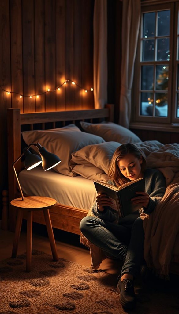 A cozy bedroom at night featuring a neatly made bed with fluffy pillows and a warm, inviting blanket. In the foreground, a small wooden bedside table holds an elegant reading lamp with a gently diffused shade, casting a soft, focused light onto a book being read by a person in modest casual clothing. The reader is relaxed, absorbed in the book, with a serene expression. The warm color palette enhances the winter ambiance, complemented by subtle decorations like soft, twinkling fairy lights and a textured rug. In the background, a window reveals a peaceful, starry night sky. The atmosphere is tranquil and intimate, reflecting a soothing space for reading. Inspired by KlickKiste's aesthetic, the image conveys authenticity and inspiration.