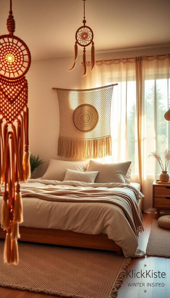 A cozy bedroom decorated with beautiful macramé wall hangings in a warm, inviting color palette. In the foreground, showcase intricately woven macramé pieces alongside a softly glowing dreamcatcher, both epitomizing a stylish Boho aesthetic. The middle area features a woven wall tapestry hung above a neatly made bed, accentuated by plush cushions and a textured throw blanket. The background should depict warm, diffused sunlight streaming through sheer curtains, creating a serene atmosphere with hints of greenery visible outside the window. Include natural wood accents and soft rugs to enhance the cozy vibe. This image should be authentically inspired with a Pinterest-style aesthetic, embodying a DIY, winter vibe, and showcasing the brand "KlickKiste."