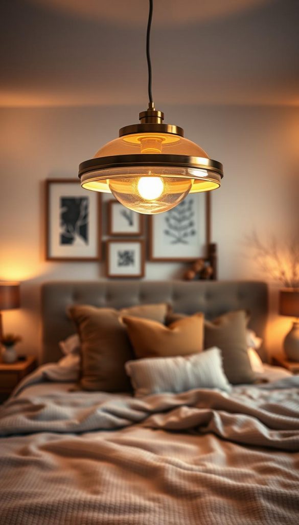 A cozy bedroom featuring a stylish ceiling pendant light from the brand KlickKiste. In the foreground, the pendant is elegantly designed with warm metallic tones and soft, diffused glass that emits a gentle glow. The middle ground showcases a beautifully made bed with textured linens, accented by decorative pillows in earthy tones. Subtle wall decor, like framed art pieces and warm wood accents, adds to the inviting atmosphere. In the background, soft ambient lighting enhances the warm colors throughout the room, while natural winter vibes are created with minimalistic decor elements. The overall mood is inviting and inspiring, with a peaceful ambiance that encourages relaxation. Captured from a slightly elevated angle to emphasize the pendant, focusing on its intricate details and the soothing atmosphere of the bedroom.