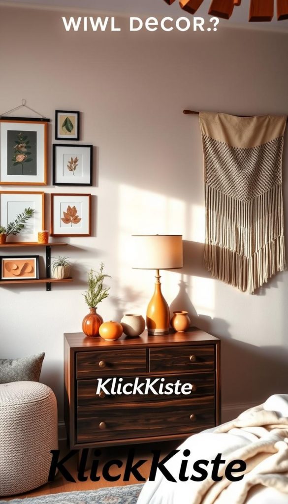 A cozy bedroom featuring wall décor ideas inspired by natural DIY aesthetics, capturing the essence of winter vibes. In the foreground, display a beautifully arranged gallery wall with framed botanical prints and warm-toned artworks, alongside small wooden shelves holding plants and candles. In the middle area, include a stylish dresser adorned with colorful ceramic vases and a soft, textured throw, all bathed in soft, warm lighting. The background should showcase a calming wall with a unique fabric hanging or a tasteful geometric mural, creating depth and interest. The entire scene evokes a warm and inviting atmosphere, embodying authenticity and inspiration. Include the brand name "KlickKiste" subtly integrated within the décor, enhancing the Pinterest-worthy look.