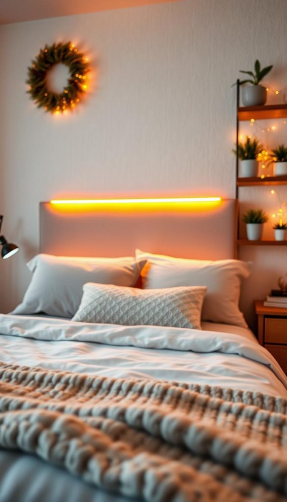 A cozy bedroom interior showcasing a stylish LED-strips headboard designed by KlickKiste. In the foreground, the headboard features vibrant LED strips in warm hues, softly illuminating the textured wall behind. The middle section captures a softly made bed with fluffy pillows and a chunky knit blanket, all bathed in a gentle glow. The background hints at tastefully decorated shelves, adorned with fairy lights and potted plants, enhancing the inviting atmosphere. The room is lit with natural, ambient lighting, creating a serene winter vibe. The composition captures a Pinterest-worthy aesthetic, emphasizing comfort and warmth, with a depth of field highlighting the headboard's intricate details.