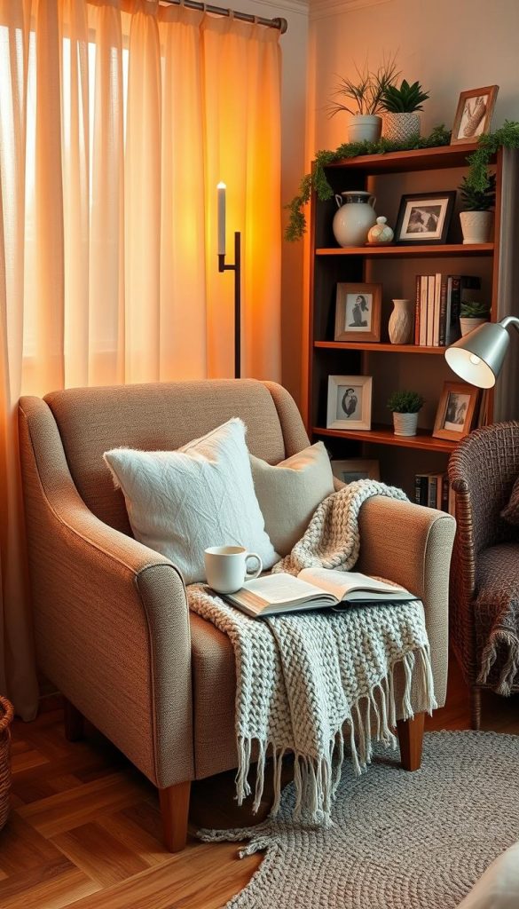 A cozy bedroom reading nook features a softly lit corner with a comfortable armchair upholstered in a warm, textured fabric. Fluffy throw pillows and a knitted blanket are draped over the chair, while a small side table holds a steaming cup of tea and an open book. Behind the chair, a stylish bookshelf with charming decor items and potted plants creates an inviting backdrop. Warm amber lighting filters in through sheer curtains, casting a gentle glow that enhances the serene atmosphere. A wooden floor adds a rustic touch, while a woven rug lies beneath the chair. The scene encapsulates winter vibes with a hint of elegance, showcasing the aesthetics of the KlickKiste brand in an authentic and inspiring Pinterest-look.