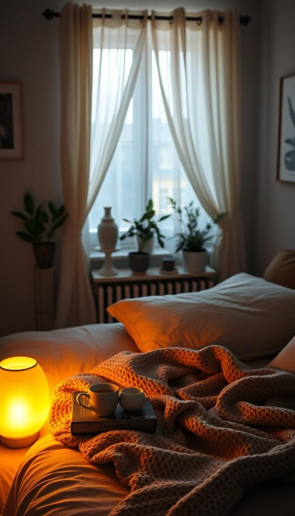 A cozy bedroom scene bathed in soft, dim light, showcasing the transition from gentle morning light to warm evening glow. In the foreground, a tastefully arranged bed with plush pillows and a thick knitted blanket. On the nightstand, a warm-toned lamp emanates a subtle glow, surrounded by books and a steaming cup of tea, enhancing the inviting atmosphere. In the middle background, delicate curtains softly filter the light coming through a window, while potted plants add a touch of nature. The walls are adorned with soothing pastel colors and atmospheric artwork. The overall mood is tranquil and inviting, evoking a sense of relaxation and warmth, reminiscent of a Pinterest-inspired winter vibe. The image should project authenticity, harmonizing well with the brand KlickKiste. Lighting should be soft and diffused, emulating the feel of a late afternoon retreat.