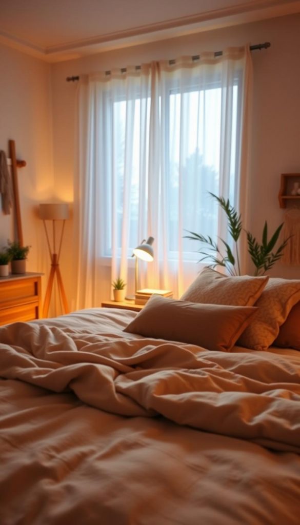 A cozy bedroom scene captured from an overhead perspective, featuring warm, ambient lighting that creates a soft, inviting atmosphere. The foreground shows a plush bed with layered blankets in neutral tones, adorned with decorative pillows. In the middle, there's a bedside table with a stylish lamp casting a gentle glow, and a small stack of books. The background features a softly illuminated window draped with sheer curtains, allowing a hint of winter sunlight to filter through. The room is decorated in a Pinterest-inspired style with natural DIY elements, such as wooden accents and potted plants, evoking a sense of tranquility. The overall mood should be warm and inspiring, reflecting the brand "KlickKiste."