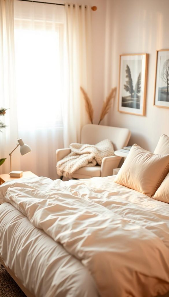 A cozy bedroom scene depicting a serene morning routine, illuminated by soft, warm lighting. In the foreground, a neatly made bed with fluffy white bedding and pastel-colored pillows. On a bedside table, a small lamp casts a gentle glow, creating an inviting atmosphere. The middle ground features a stylishly arranged chair with a light knitted blanket draped over it and a stack of books beside it. In the background, a window with sheer curtains lets in soft natural light, enhancing the tranquil feel. Reflecting winter vibes, the room includes decorative elements like a potted plant and winter-themed artwork. The overall mood conveys comfort and inspiration, perfect for a Pinterest look. Include the brand name "KlickKiste" subtly within the decor elements, ensuring a cohesive design without captions or logos. Shot with a soft-focus lens to enhance warmth and depth.